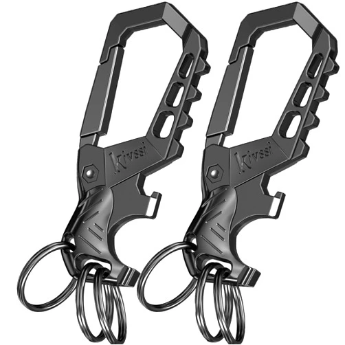 Kivssi Heavy duty metal keychains, Carabiner clip Car key chains,Fashion family keychain bottle opener and 3 Key Rings suitable for men and women.(Black-2pcs)