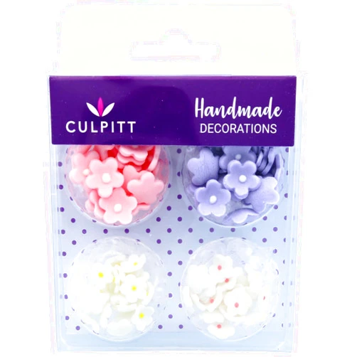 Culpitt Mini Flowers Assorted Sugar Pipings, 6mm and 10mm Sugar Paste Flowers with Royal Icing Centre, Decoration for Cupcakes and Cakes, Pack of 100 Pink (06219)