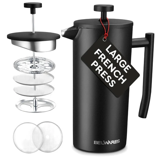 Belwares French Press Coffee Maker 50 OZ - Large Insulated Stainless Steel 304 Coffee Press with Double Wall & 4-Level Filtration System (Black - 1.5L)