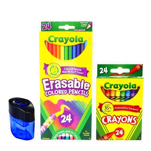 Crayola Erasable Colored Pencils, 24 Count, Pre-Sharpened, Fully Erasable| 24 Count Crayola Crayons | Crayon and Pencil Sharpener Bundle