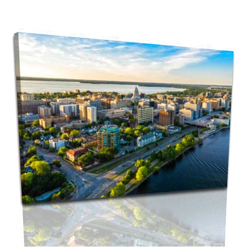 LGCZNWDFHTZ Canvas Wall Art Decor Aerial view of Madison city downtown at sunset Wisconsin Poster Nature Landscape Pictures Print Framed Painting Artwork for Living Room Bedroom Bathroom Large Size