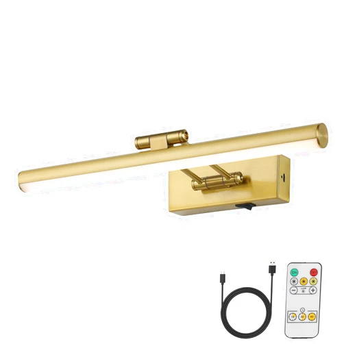 JUSHENG Wireless Picture Light with Remote and Timer, Battery Operated Art Light with Swing Arm, Rechargeable Gallery Lighting Display Light for Frame Artwork-Golden Like Brass 16'' Inch