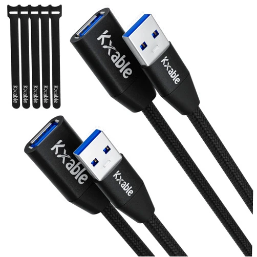 Kxable USB 3.0 Extension Cable 1 Feet (2 Pack), Type A Male to Female Extender Cord, Nylon Braided, 5Gbps Data Transfer, Compatible with Webcam, Camera, USB hub, Keyboard, Mouse, Flash Drive, Hard Drive