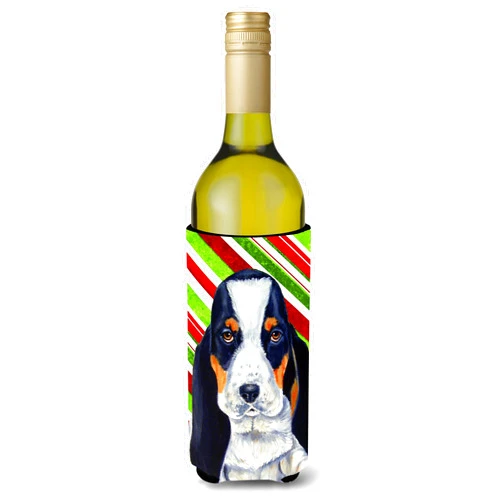 Caroline's Treasures LH9239LITERK Basset Hound Candy Cane Holiday Christmas Wine Bottle Hugger Bottle Cooler Sleeve Hugger Machine Washable Collapsible Insulator Beverage Insulated Holder