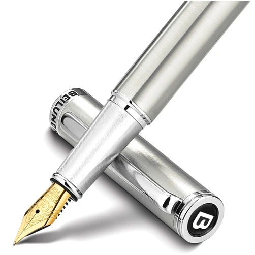 BEILUNER Luxury Fountain Pen Set, Solid 24K Gilded Medium Nib, Silver Stainless Steel Body- Includes 6 Ink Cartridges & Ink Refill Converter with Gift Case - Nice pen for Men and Women