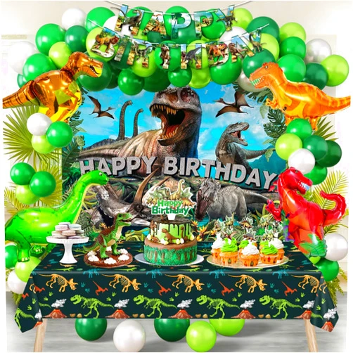 SPIGHTDEX Dinosaur Birthday Party Decorations Kit for Boys - Dino Party Supplies with Tablecloth, Banner, Backdrop, Cake Topper, Balloons & Stickers for Kids