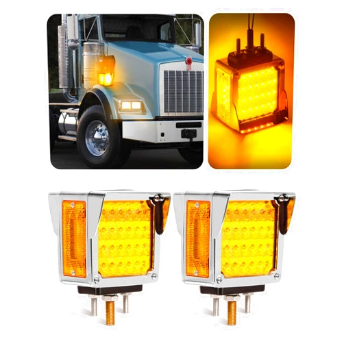 ASNOO 2PCS Amber Square Double Face 60 LED Turn Signal Lights w/Chrome Visor Stud Mount Waterproof Pedestal Fender Lights for Heavy Truck Trailer Freightliner Peterbilt Kenworth Mack Western Star