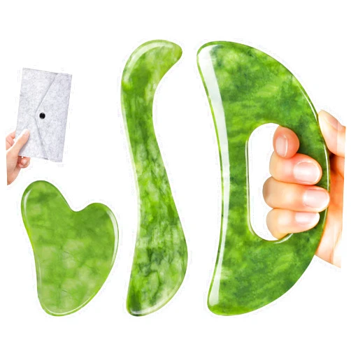 CekPo 3 in 1 Jade Stone Gua Sha Massage Tool, Large Guasha Muscle Scraper Tools Set with Handle Muscle Scraping Massage Tools Anti Cellulite Spa Acupuncture Tools for Back Neck Leg Lymphatic Drainage