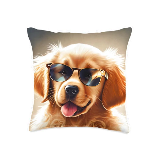 Funny and Cute Dog Lover Unique Digital Art Cute Adorable Golden Retriever Puppy Sunglasses Digital Art Throw Pillow, 16x16, Multicolor