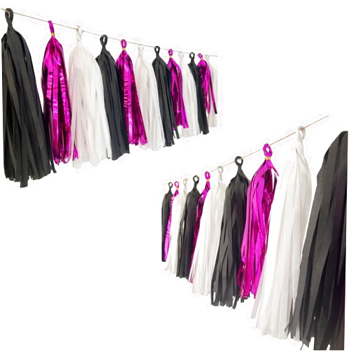 Autupy Hot Pink Tassel Garland,Black Tissue Tassel Banner for Graduation Baby Shower Party Nursery Party Decorations,Pack of 15