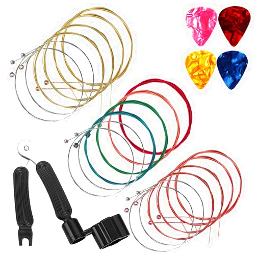 Maxin 3 Sets Acoustic Guitar Strings Replacement Steel Guitar Strings (Gold, Brass, Multicolor) with 4 Pieces Celluloid Guitar Picks,Guitar String Winder Guitar Kit for Guitar Beginners Performers