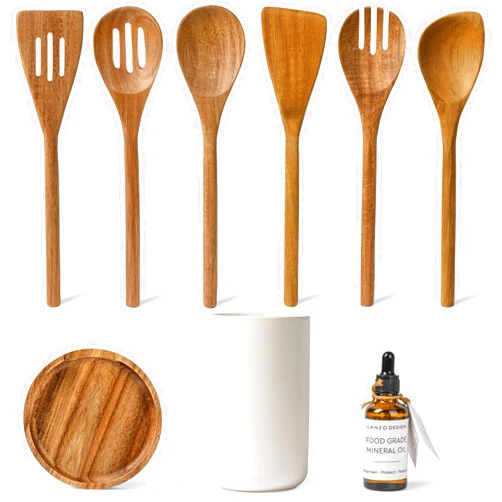 Lanzo Design Kitchen Utensil Set, 8 pcs Wooden Cooking Utensils Spatula Set with Ceramic Holder (White Holder)