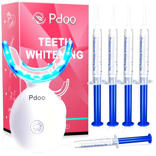 Pdoo Teeth Whitening Kit with LED Light Tray for Sensitive Teeth, 5 Tooth Whitening Pen Gel Pain Free and Enamel Safe, Teeth Whitener at Home Up to 1-9 Shades Whiter in 1-2 Weeks