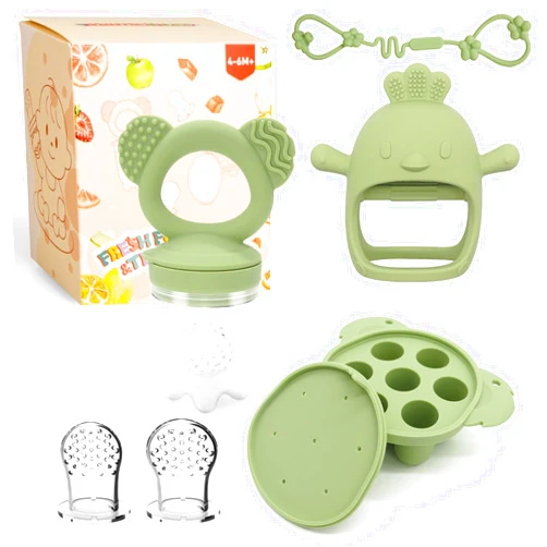 HOMETTER Baby Fruit/Fresh Food Feeder with Breastmilk Popsicle Molds & Baby Teether Combo Food Grade Silicon for 6M+ Breastmilk Pops, Frozen Fruit, Baby Teething Relief(Green)