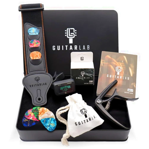 Guitar Lab Guitar Accessories Kit by Guitar Lab – Premium Metal Tin with Guitar Strap, Capo, Tuner, Picks for Acoustic, Bass, Electric & Ukulele Guitars – Ideal Guitar Gifts for Men, Beginners, and Pros