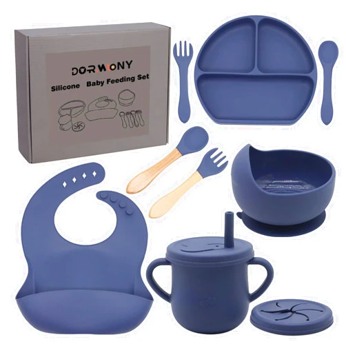 Dormlony 100% Silicone Baby Feeding Set,BPA Free Baby Dishes Set with Suction Bowl Divided Plate,Toddler Self Feeding Dish Set with Spoons Forks Sippy Cup and Bib, Baby Eating Utensils (Navy Blue)