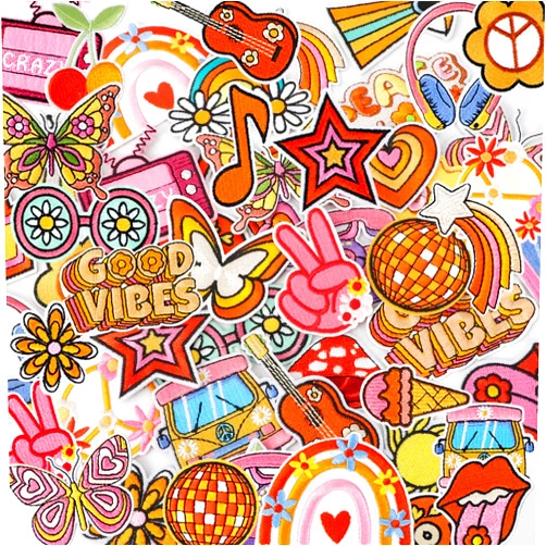 AUGSUN 60pcs Hippie Embroidered Patches Random Assorted Styles Hippie Theme Iron on Patches for Girls, Wonmen DIY Sew Applique Repair Patch Cute Sew on Patches for Backpacks Pants Clothes Jeans