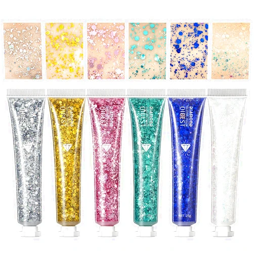 QiBest 6 Colors Face Body Glitter Gel Set, Shimmer Chunky Glitters Cream for Eyes Hair Nails Makeup, Long Lasting Sparkling Mermaid Holographic Sequins Paste for Festival Art Party Halloween Makeup Gift Kit