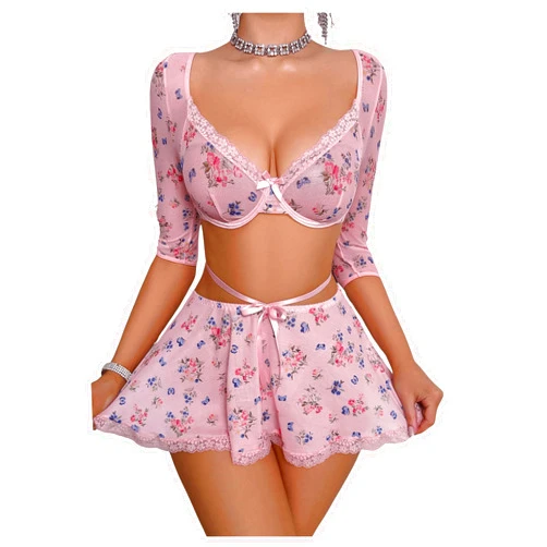 RoseSeek Women's Lace Trim Floral Underwire Lingerie Sets Cute Sheer Babydoll Lingerie Skirts Chemise Sleepwear Set