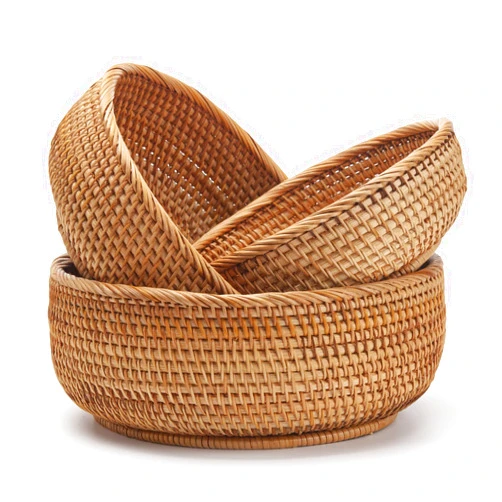 DECRAFTS Round Rattan Fruit Baskets Woven Storage Bowls Key Holder Stackable for Shelf Kitchen Tabletop Natural Set of 3