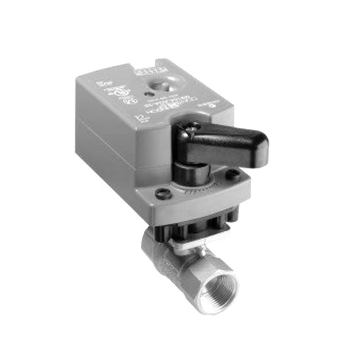 Johnson Controls Model VG1241CL Two-Way Plated Brass Trim NPT End Connections Ball Valve with Model VA9104-GGA-3S Non-Spring-Return Electric Actuator
