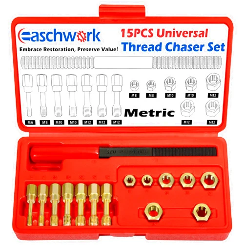 Easchwork 15 Piece Metric Thread Chaser Set Master Thread Rethreading Kit Universal M6 M8 M10 M12 Sizes Thread Restorer with Case