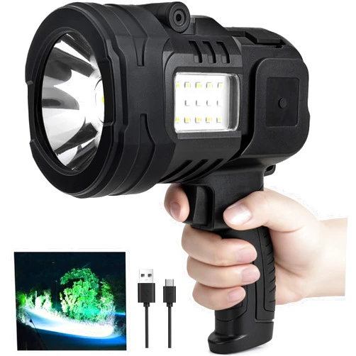 Lylting Rechargeable Spotlight Flashlight, 90,000 Lumens Super Bright Spotlight Outdoor with Cob Light & USB Output, Lightweight Handheld Led Spot Light for Hunting Boating Camping