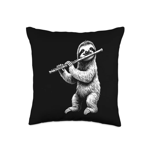 Sloth Flute Player Accessories Flutist Sloth Playing Flute Flutist Player Instrument Musician Throw Pillow, 16x16, Multicolor