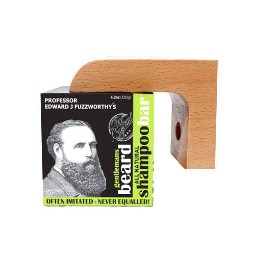 Beauty and the Bees Professor Fuzzworthy's ACV Beard Shampoo Bar & Magnetic Soap Holder Men's Grooming Gift Kit | 100% Natural Beard Wash with Organic Ingredients- Eco Friendly Wooden Soap Dish for Shower & Bath