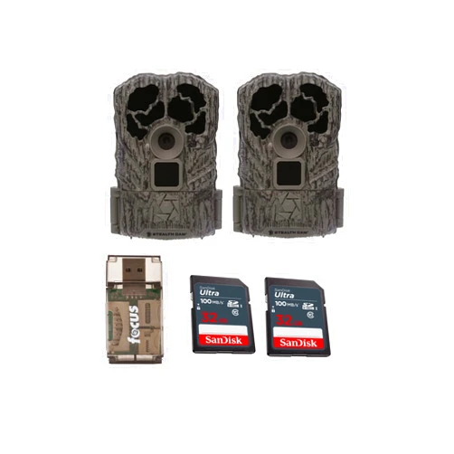 Stealth Cam Browtine 16MP, Durable, 60 Feet Infrared Detection Range, and Burst Mode Trail Camera Bundle with High Speed USB 2.0 Card Reader, and 32GB Ultra SDHC UHS-I Memory Card (2-Pack)