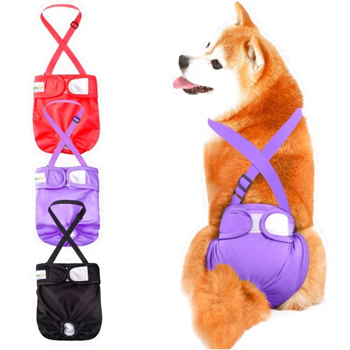 Idepet Female Dog Diapers with Suspender 3 Pack Washable Reusable Doggie Diapers for Small Medium Female Dog in Heat Period Cycle Urinary Incontinence Training, Black+Red+Purple M