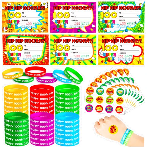 gisgfim 504 Pcs 100 days of school Awards Set Happy 100th Day Bracelets Wristbands Hooray 100 Days Stickers and 100th Day Smarter Greeting Cards for School Supply Decor Student Rewards