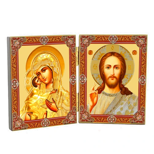 Needzo Catholic Orthodox Christian Madonna and Child Icon Virgin Mary Christ Jesus in Gold Diptych, For Traveling or Home Display 3 1/4 Inch Tall