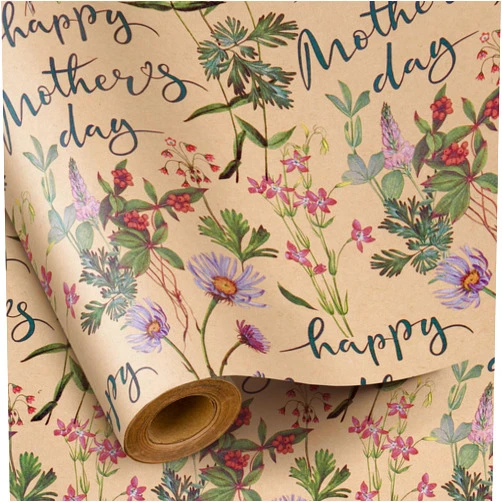 RUSPEPA Mother's Day Wrapping Paper Roll, Mini Roll, Wild Flower Wrap Paper, Happy Mother's Day Floral Kraft Gift Wrap for Mom, Grandma and Wife and Celebration, 17 Inches x 16.4 Feet