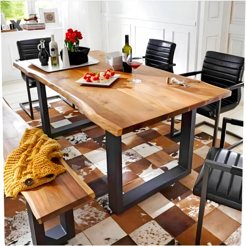 JNMDLAKO Industrial Solid Wood Dining Table, Farmhouse Kitchen Table with Natural Wood Grain for Home and Kitchen, Rectangle Large Dining Room Table Coffee Table with Metal Legs for 4-6 People