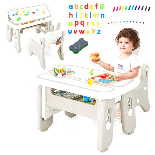 INFANS Kids Table and Chair Set, Activity Table with Magnetic Drawing Board 4 Gears Adjustable Height Bookshelf Watercolor Pens, Toddler Plastic Furniture Table for Playing Reading Eating