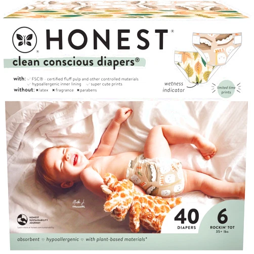 The Honest Company Clean Conscious Diapers | Plant-Based, Sustainable | Fall '24 Limited Edition Prints | Club Box, Size 6 (35+ lbs), 40 Count