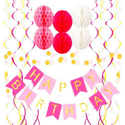 ALLFUN Pink Birthday Decorations with Happy Birthday Banner, Paper Honeycomb Balls, Circle Garland and Hanging Swirl Decorations, Birthday Party Decorations