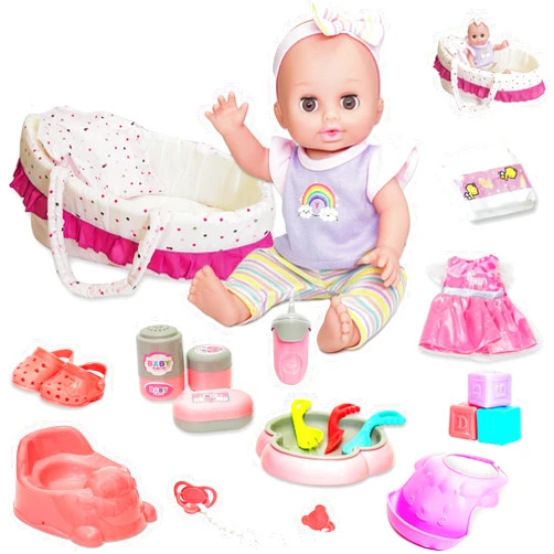 Nfzwy 12 Inch Baby Doll Play Set with Carrier Bassinet Bed,Talking Realistic Newborn Baby Doll Toys Incl 2 Clothes & Accessories, Feeding Care Toddler Infant Doll Gifts for Age 3 4 5 6+ Years Old Girls Kid