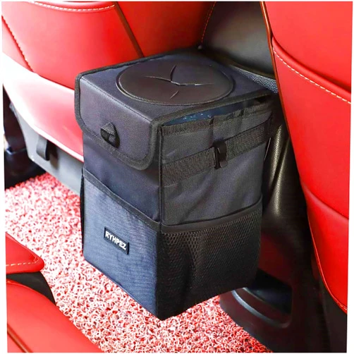 Ryhpez Car Trash Can with Lid - Car Trash Bag Hanging with Storage Pockets Collapsible and Portable Car Garbage Bin
