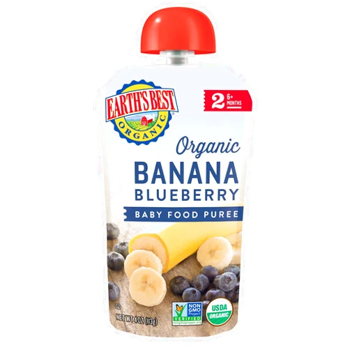 Earth's Best Organic Baby Food Pouches, Stage 2 Fruit Puree for Babies 6 Months and Older, Organic Banana and Blueberry Puree, 4 oz Resealable Pouch