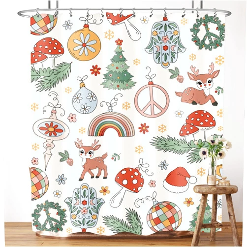 LIGHTINHOME Retro Christmas Shower Curtain 60Wx72H Inches 70s Groovy Holiday Decorations Mushroom Rainbow Flower Tree Cute Santa Vintage Bathroom Waterproof Polyester Home Decor Set with Hooks
