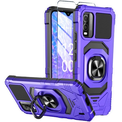 Mocotto for Nokia C210 Case with Tempered Glass Screen Protector,Military Grade Heavy Duty Shockproof Protective Cover,with Ring Kickstand Full-Body Protective Case for Nokia C210 Purple