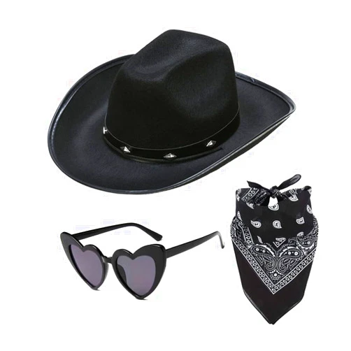 Patyhapy Black Cowgirl Hat with Heart Glasses & Bandana - Western Cowboy Hats Nashville Bachelorette Party - Halloween Fun Rodeo Party Costume Accessories
