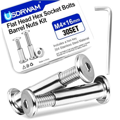 Usdrwam 30 Sets M4 × 16 mm Barrel Nuts and Bolts, Hex Socket Binding Screws for Furniture, Cabinets, and Cribs Assembly
