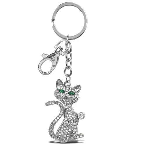 Aqua79 Elegant Cat Keychain - Silver 3D Sparkling Charm Rhinestones Fashionable Stylish Metal Alloy Durable Key Ring Bling Crystal Jewelry Accessory with Clasp