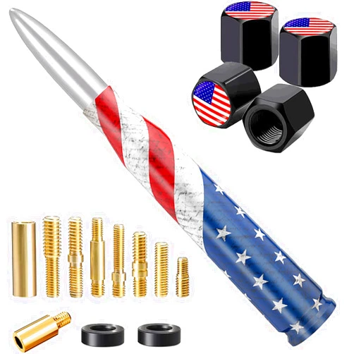 HVSTTPK American Flag Car Truck Bullet Antenna with Valve Stem Caps, Universal Antenna Mast for GM Chevy Silverado 1500 2500 3500 HD Avalanche Ford F150 F250 F350 Heavy Duty Pickup Jeep Accessories (Silver)