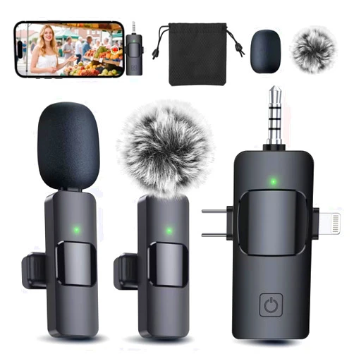 PQRQP 3 in 1 Professional Wireless Lavalier Microphone for iPhone, Android, Camera, Wireless Mini Microphones, Crystal Clear Sound Quality for Recording, Live Streaming, YouTube, TikTok, Elegant Black