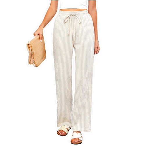 GRAPENT Striped Pants for Women High Waisted Wide Leg Cotton Linen Trendy Beach Pull On Elastic Waist Casual Flowy Pants