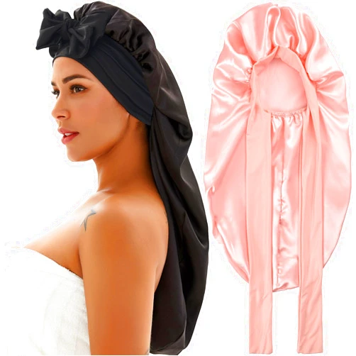 Wzl Wlg 2 Pcs Silk Bonnet for Sleeping, Braid Bonnet Satin Bonnet with Tie Band Sleep Cap for Women Men Long Curly Hair Braids Black (2 Pcs-Black & Blush Pink)